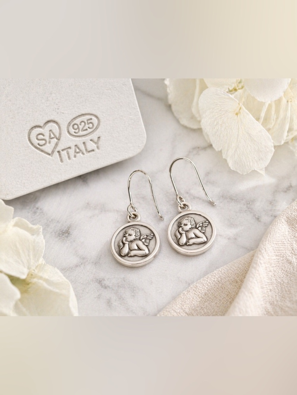 Italian 925 Sterling Silver Raphael Angel Cherub Drop Earrings